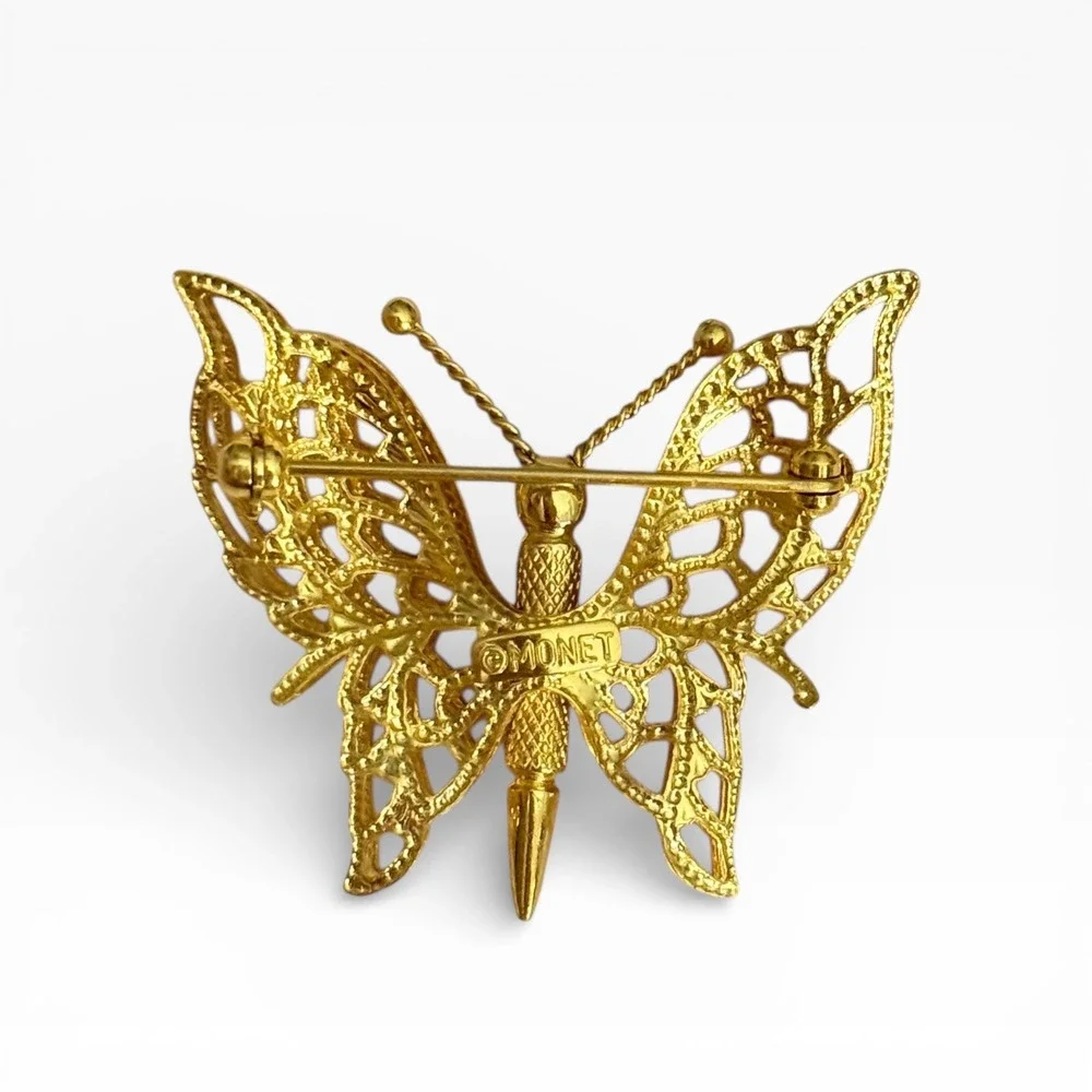 Monet Signed Gold‎ Tone Butterfly Brooch Filigree Vintage